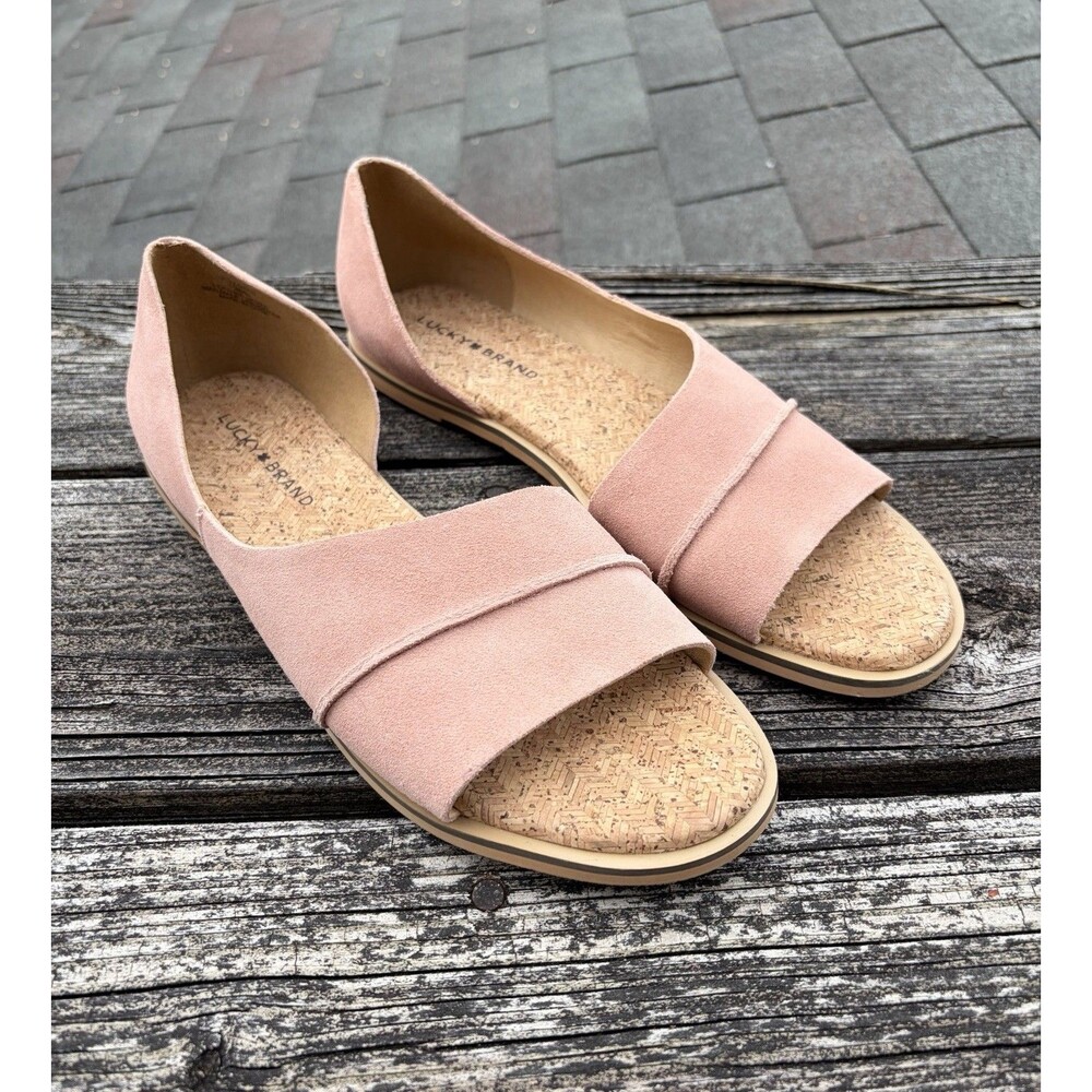 Lucky Brand Fentin Pink Suede Cut Out Open Toe Slip On Flats Sandals Sz 11